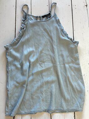 Staccato Chambray Tank Top Blue Ruffle Strap Keyhole Back Size S